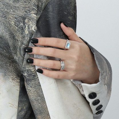 Modern Oval Created Moonstone Geometry Rectangle 925 Sterling Silver Adjustable Ring
