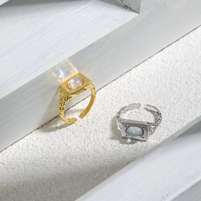 Modern Oval Created Moonstone Geometry Rectangle 925 Sterling Silver Adjustable Ring