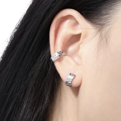 Office Mini Scale Carved 925 Sterling Silver Hoop Earrings