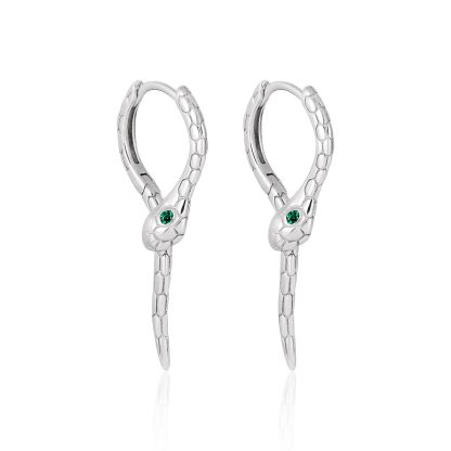 Modern Animal Gree CZ Eye Snake 925 Sterling Silver Leverback Dangling Earrings