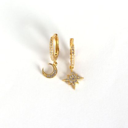 Asymmetry CZ Star Crescent Moon 925 Sterling Silver Leverback Earrings