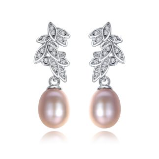 CZ Leaves Natural Pearl 925 Silver Dangling Earrings