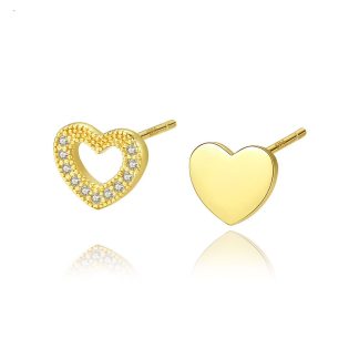 Girl Asymmetry CZ Hollow Heart 925 Sterling Silver Stud Earrings