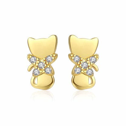 Cute CZ Bowknot Cat 925 Sterling Silver Stud Earrings