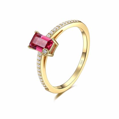Women Rose Red Baguette CZ Geometry 925 Sterling Silver Ring