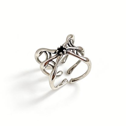 Women Fashion Unique Vintage Design Statement Jewelry Dark Gothic Spider Black Cubic Zirconia 925 Sterling Silver Adjustable Ring