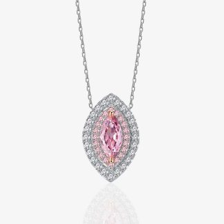 Eye Shape Pink Cubic Zirconia Halo Necklace In 925 Sterling Silver Marquise Center Stone Layered Pavé Pendant Necklace