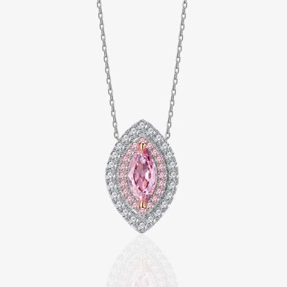 Eye Shape Pink Cubic Zirconia Halo Necklace In 925 Sterling Silver Marquise Center Stone Layered Pavé Pendant Necklace