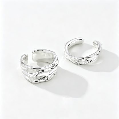 Minimalist Irregular Stream Texture Polished 925 Sterling Silver Adjustable Open Ring